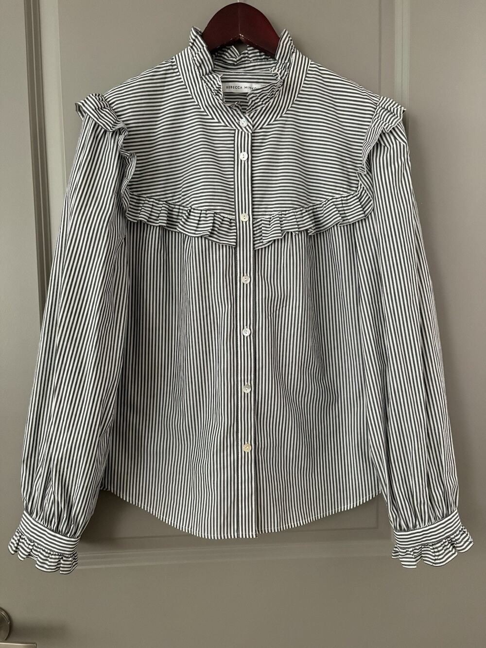 Rebecca Minkoff Womens Long Sleeve Ruffle Button Front Gray Stripe Blouse Top XL
